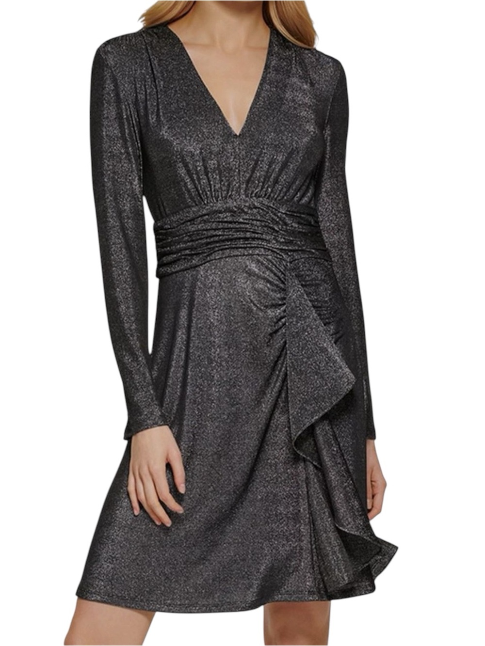 DKNY Silver Shimmer Long Sleeve V-Neck Mini Dress